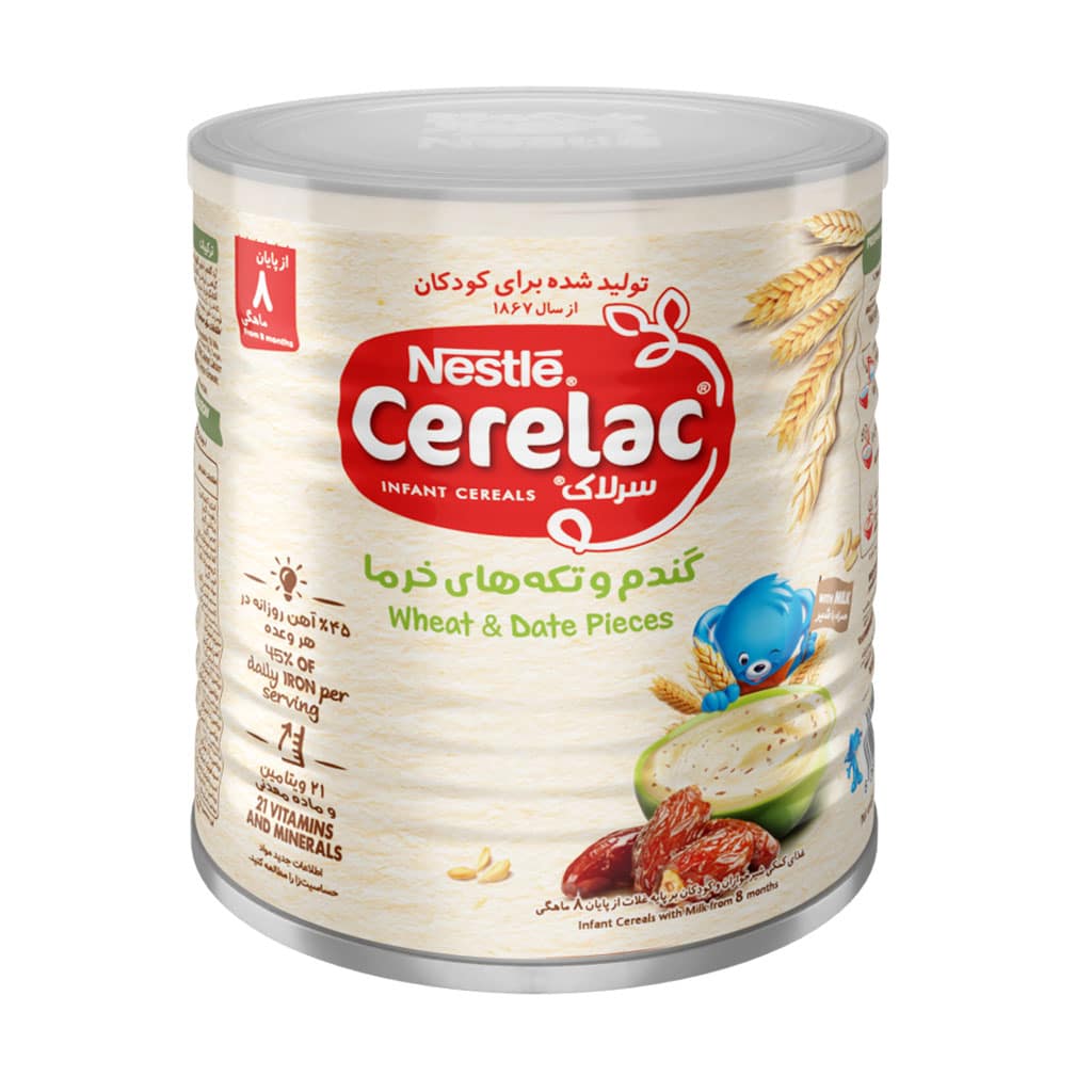 تصویر  مکمل غذای کودک سرلاک گندم و تکه های خرما به همراه شیر - از پایان 8 ماهگی